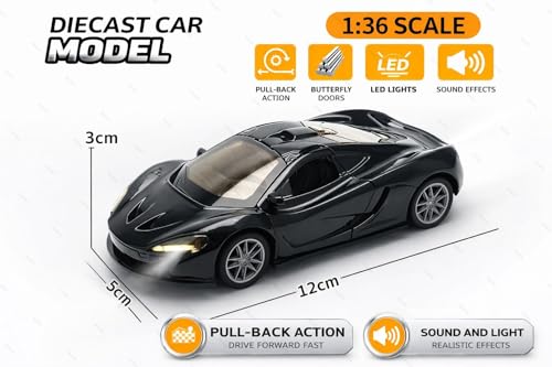 Image of 1:36 Scale McLaren 720S Toy Car - Die-Cast Metal Pull Back Vehicle with Openable Doors, Lights & Music - Sports Model for Kids, Boys & Collectors (Black)