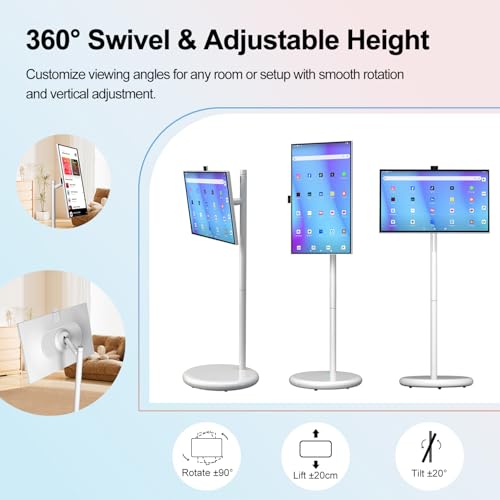 تلفزيون ذكي محمول FHD بسعة تخزين 4G+64GB، نظام تشغيل اندرويد 13، معتمد من EDLA، شاشة تعمل باللمس، تلفزيون دوار على عجلات، بطارية 4-6 ساعات، دوران كامل، عربي وجوجل بلاي (ابيض، 27 انش، 6G+128G)