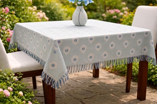 Image of Foil Print Table Cover 36x48 Inch (1 Pc) | Gold Printed Decorative Tablecloth for Center Table, Coffee Table & Small Dining Table (Light Blue)