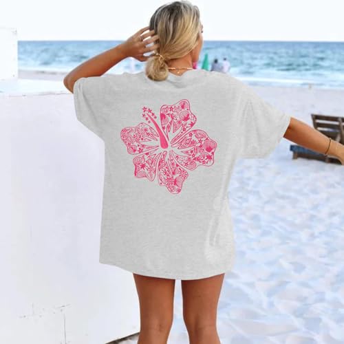 Image of Hawaiian T Shirts for Women Oversized Aesthetic Hibiscus Flower Beach Shirt Teens Preppy Tropical Graphic Tee Tops