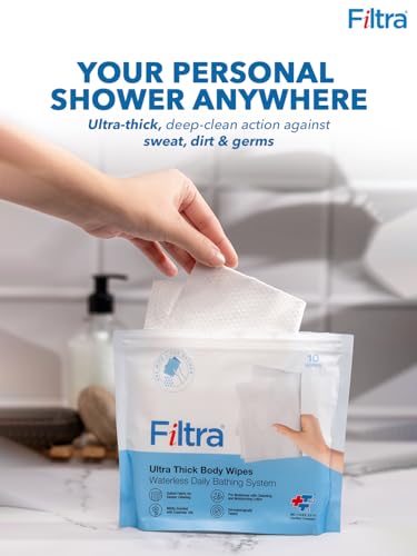 Image of Filtra Ultra Thick Body Wipes | Pre-Moistened & Extra Large for Body Sponging, Bed Bath & Post-Workout Freshness | Mildly Scented | Re-Sealable Zip Lock Pouch of 10 (Pack of 1)