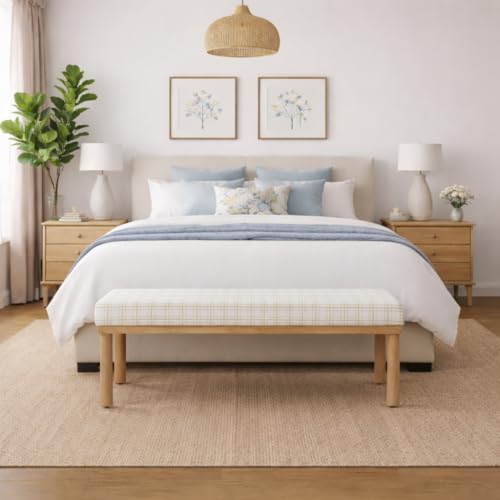 Image of HomePop 47.5 inch Oslo Bench - Natural Plaid Woven Fabric