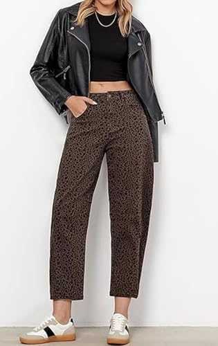 loveimgs Women Stretch Leopard Baggy Barrel Jeans Mid Rise Cheetah Print Jeans Boyfriend Wide Leg Cute Ankle Denim Pants Y2k3