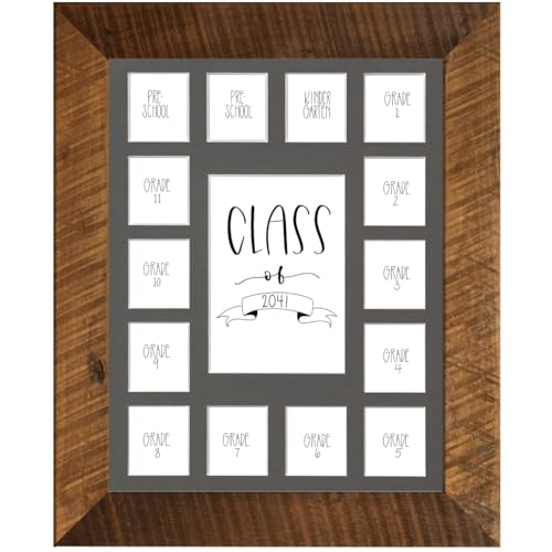 Image of Rustic Red Door Co. School Years Reclaimed Wood Picture Frame with Mat - 11x14 Wooden Framed 15 Photo Collage Mat Pre-School & Kindergarten to 12th Grade High School Graduation (Class of 2041, Grey)