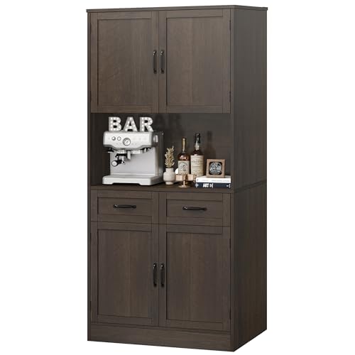 Comparison: Best Color Cabinets For Small Kitchen 3 HOSTACK 71“ Tall Kitchen Pantry Storage Cabinet, Modern Kitchen Hutch Bar Cabinet with Microwave Stand, Wood Buffet Sideboard with Hutch, Cupboard with Drawers, Shelves for Dining Room, Dark Brown