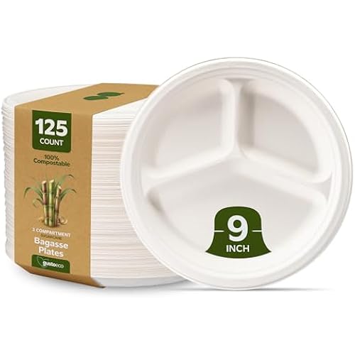 GUSTO 100% Compostable Sugarcane Paper Plates, Heavy Duty, Eco-Friendly, Biodegradable - White, 9 Inch, 3 Compartment, 125 Count