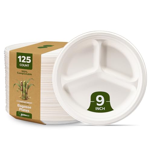 GUSTO 100% Compostable Sugarcane Paper Plates Heavy Duty Eco-Friendly Biodegradable - White 9 Inch 3 Compartment 125 Count