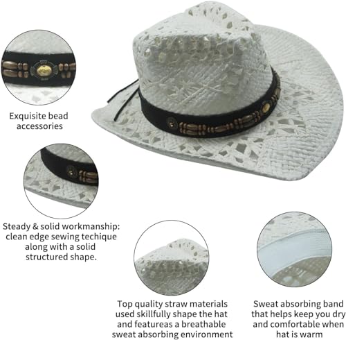 Image of TOVOSO Straw Cowboy Hat for Women with Beaded Trim and Shapeable Brim