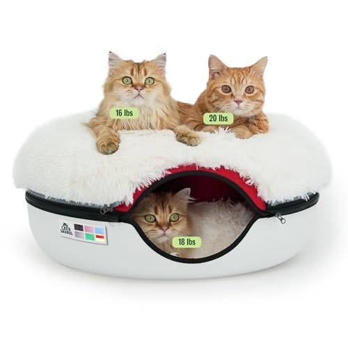 Image of Cattasaurus Peekaboo Cat Cave for Multiple & Large Cats Up to 30-45 Lbs, Fluffy Cat Beds & Furniture, Scratch Detachable & Washable Tunnel Bed, Comfy Donut Bed (Ruby Snowball, Large (Calming))