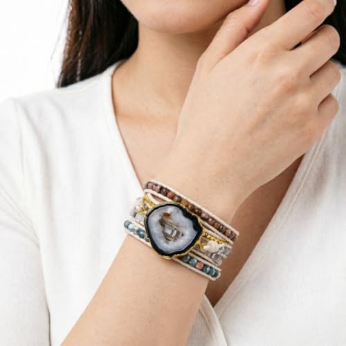 Image of YGLINE Natural Stone Beaded Healing Wax String 5 Wraps Bracelets