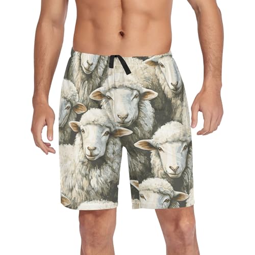 Men's Short Pajama Bottoms White Sheep Animal Home Casual Sleep Pants4