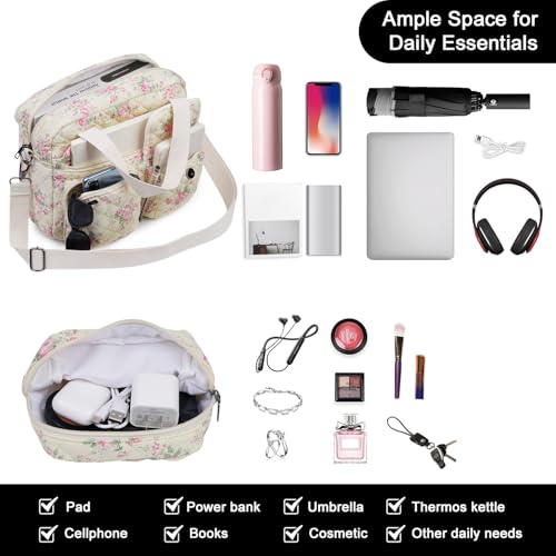 2 PCS/Set Small Cute Floral Quilted Tote Bag with Multi-Pockets for Women, Crossbody Shoulder Everyday Handbags3