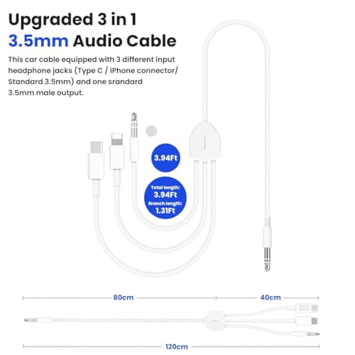 Image of Verilux 3 in 1 Type C to 3.5 mm Audio Aux Jack Cable 1.2M /3.9Ft, 3.5mm Jack to USB C /Lighting /3.5mm Cable for iPhone 17 /16 /15 /14 /13 /12 /11, iPad Pro, Galaxy S25 /S24 /S23, Work with Car Stereo