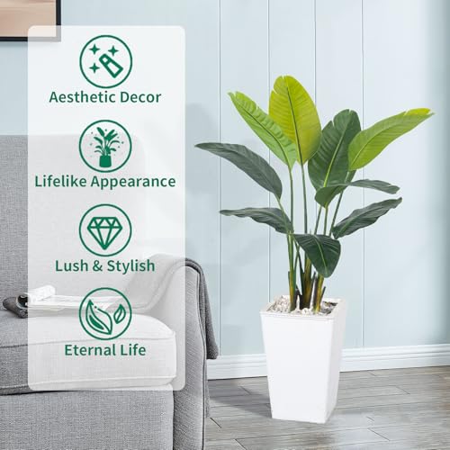 Bird of Paradise Artificial Plant 4FT, Faux Tropical Palm Tree with White Tall Planter, Large Fake Plants in Pot - Artificial Tree for Home Office Living Room Decor Indoor
