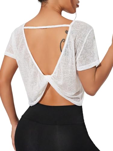 SweatyRocks Women's Twist Cutout Open Back Short Sleeve Sheer Mesh Workout T Shirts Smocked Crop Top