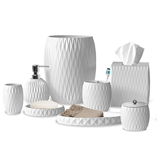 nu steel White Resin Bath Accessory Set for Vanity Countertops, 8pc Luxury Ensemble-Cotton Swab, Dish, Toothbrush Holder,Tumbler,soap Pump, Waste Basket, Tissue Box, Tray, White Resin