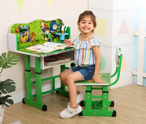 Image of MLU Kids Study Table and Chair Set, Children Table and Chair /Height Adjustable Wooden Baby Desk (Green)