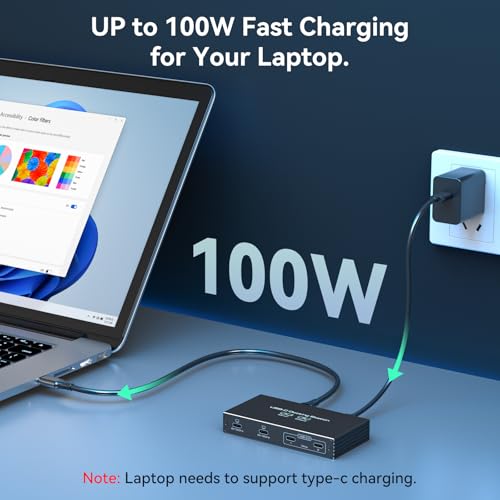 TJCXELE USB C Docking Station Dual Monitor 4K120Hz USB C Hub 6-in-1 Dual Monitor 100W PD, 10Gbps Data Ports, Laptop Docking Station Plug and Play for Dell/HP/MacBook Laptops and More - Image 6