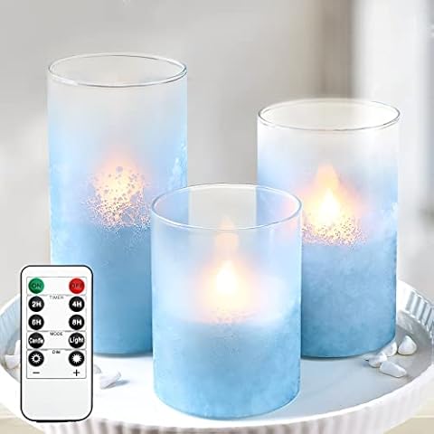 GORGE MOMENT Flameless Candles, Sandblasted Cerulean LED 3D Flicker Lights x3, Blue Ocean Series SkyBlue Frosted Matte Glass Decor, DIM with Remote Timer, Summer Trendy Modern Gift for Friends Lover Cover