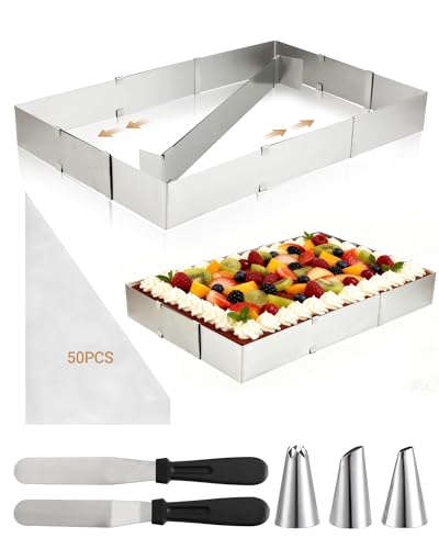 Molde rectangular desmontable ajustable – bandeja rectangular para bizcocho de acero inoxidable, molde bizcocho horno con divisor, espátula, manga pastelera y boquillas, ideal para repostería