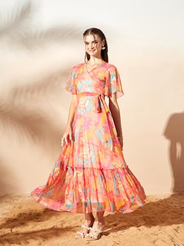 Image of Miss Chase Women's Floral V-Neck Flutter Sleeve Wrap Chiffon Maxi Dress