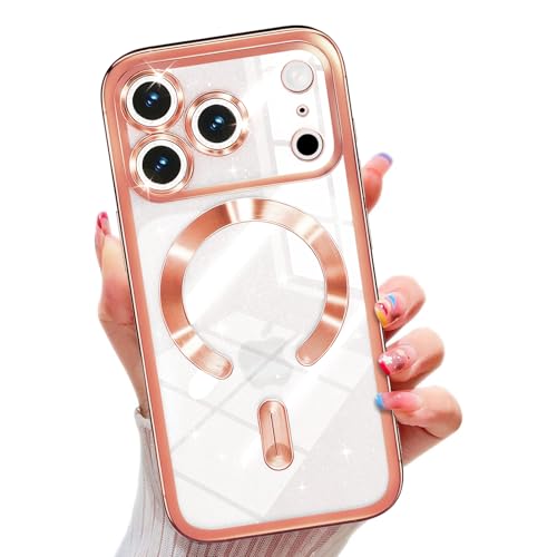 Image of Misscase for iPhone 17 Pro Case with Privacy Screen Protector, Built-in Lens Protector, Compatible with MagSafe, Anti-Yellowing Shockproof TPU, Bling Glitter Electroplated Cover 6.3 inch Pink