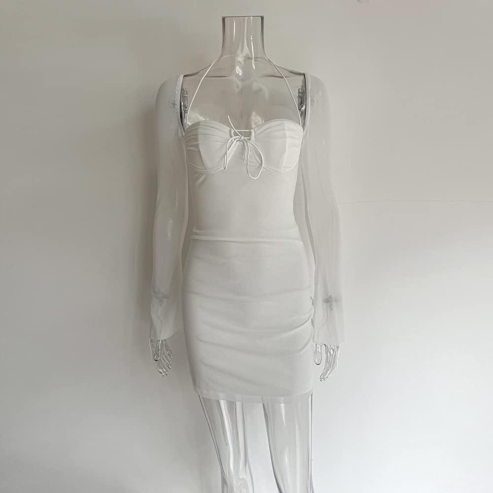 XLLAIS Women Long Puff Sleeve Mini Bodycon Mesh Dress Split Hem Clubwear Party Dress - Image 2