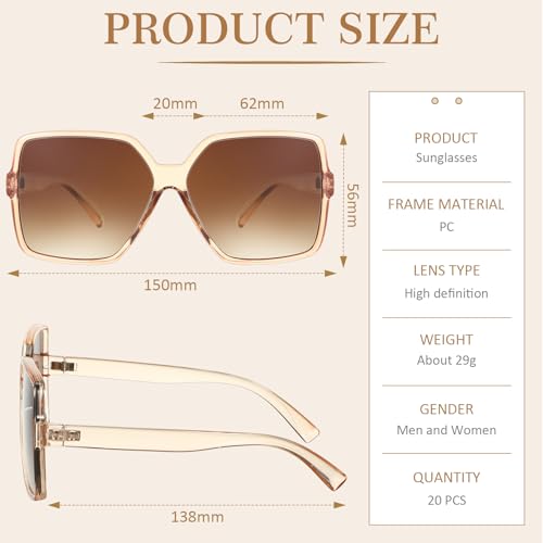 Xuhal 20 Pairs Women's Square Oversized Sun Glasses Retro Wide Flat Top Sunglasses UV Protection Trendy Shades for Women, Assorted Styles2