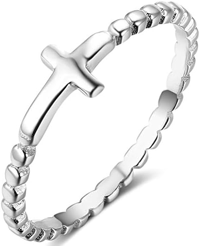 925 Sterling Silver Christian Religious Cross Classical Simple Plain Ring (Silver-Hammered Sideways Cross, 8)