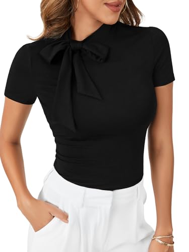 LYANER Women's Bow Tie Knot Mock Neck Short Sleeve Work Tee T-Shirt Tunic Top