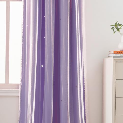 Image of Yancorp Purple Curtains for Bedroom Living Room Thermal Insulated Kids Curtain Hollow-Out Star Window Nursery Curtain 63 inches Length Room Darkening Grommet(Purple,52 * 63),1 Panel