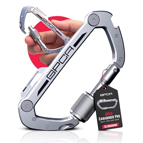 GPCA Multi-Tool Carabiner Clip D Ring Key Chain Heavy Duty Aluminum Clip with Bottle Opener Pry Tool Box Cutter Philips & Flat Screwdrivers Solid Built EDC Gear Organizer (GP Carabiner Pro Aluminum)