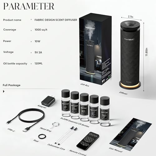 Waterless Scent Diffuser Starter Kit with 5 Oils, Luxury Hotel Style Cold Air Diffuser Oil Machine for Home, 1000 Sq Ft Coverage, Quiet Nebulizing Aromatherapy with Remote, Tower Fabric Design, Black - Image 3