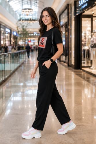 Image of ELVIA Women's Pure Cotton Top and Pyjama Co-Ord Set | Hot Head Graphic Printed Night Suit | Regular Fit Half Sleeve Round Neck T-Shirt with Pajama Loungewear Sleepwear Set for Women