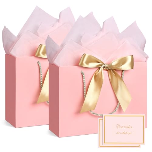 Image of JMANNI Mothers Day Gift Bags with Handles, 11 inch Small Gift Bag for Presents, 2 Pcs Bags with 4 Tissue Paper and 2 Cards for Baby Shower Wedding Bridal Shower Mother's Day Birthday Party (Pink)
