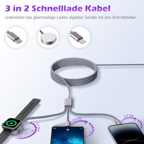 Ladekabel für Apple Watch und iphone Ladegerät - 120cm USB C Charging Kabel Ladestation für iWatch Serien, 3 in 2 SchnellLadekabel für iPhone 15/14/13/12/11/iPad/AirPods
