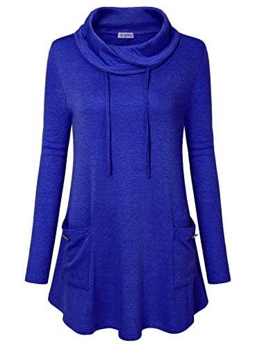 Bulotus Fall Sweaters for Women 2025 Cowl Neck Asymmetrical Long Tunics for Leggings Vacation Travel Tops with Pockets