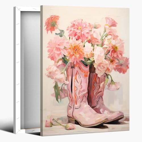 Image of BXGDUYP Pink Cowgirl Boots Poster Coastal Decor Painting Print Western Boho Wall Art Retro funky preppy Decor Pink Floral Boot Canvas Wall Art Girl Bedroom Home Wall Decor Posters Framed12x18inch
