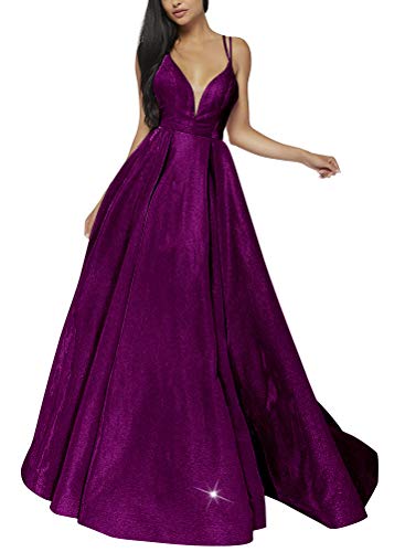 Image of VKBRIDALWomen's Glittery Spaghetti V-Neck Prom Dresses Long Side Split Formal Evening Gowns 12 Purple