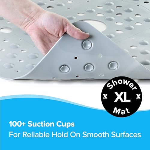 SlipX Solutions Extra Large Square Shower Mat (27\"x27\") (Solid Gray) & On The Dot Power Lock Suction Cup Hook, Razor Holder & Phone Cradle, Machine Washable, No-Drilling, Rust-Proof, Waterproof