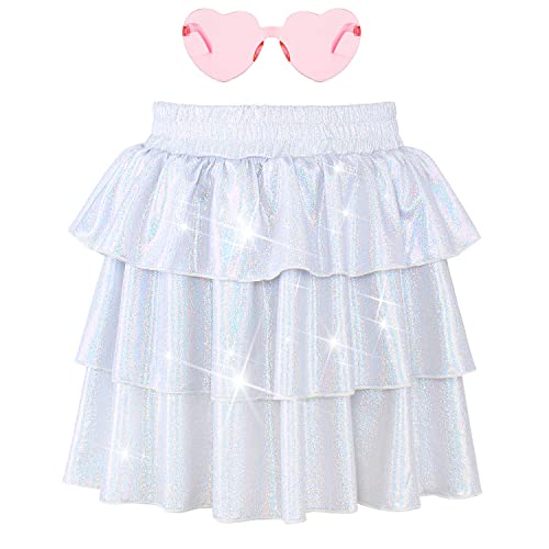Modafans Girls Sparkle Metallic Skirt 3-Layer Ruffle Shiny Dance Scooter Skirt For Girls 10-11 Years,Sparkly Sliver #TOP25