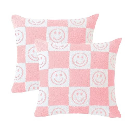 Brnabiou Ultra Soft Cozy Happy Smiling Face Checkered Knitted Throw Pillow Cover Fluffy Microfiber pillocase Decorative for Sofa Bed 18 Inches Both Sides (Pink)