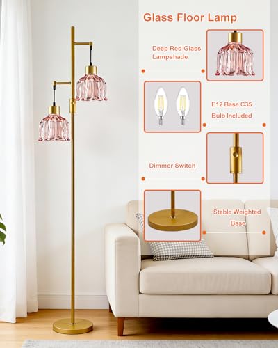 Image of 2-Light Modern Glass Floor Lamp, Gold Tall Standing Lamp with Deep Red Flower Glass Shade for Reading, Dimmable LED Floor Lamp with 5Lbs Heavy Base for Living Room Bedroom Home Decor, Bulb Included