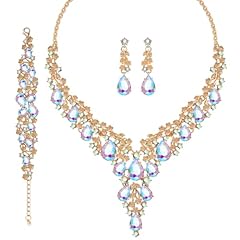 D-Gold Colorful AB Necklace Dangle Earrings Bracelet Set