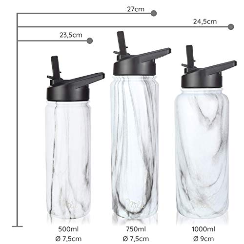 Milu Botella de Agua, 500ml, 750ml, 1000ml (+3 Tapas) - Acero Inoxidable, Libre BPA, Para Bebidas Calientes, Frías y Carbonatadas (Mármol, 500ml) - Imagen 7