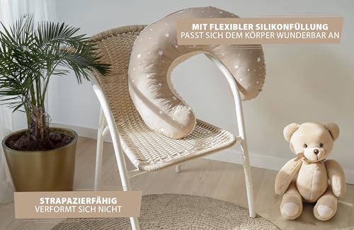 Stillkissen klein Mond Minky 130 cm - Nursing und Breastfeeding Pillow Stillmond Stützkissen Stillhörnchen kleines Still Kissen und Lagerungskissen beim Stillen Oeko-Tex Beige mit Weiß Sternen