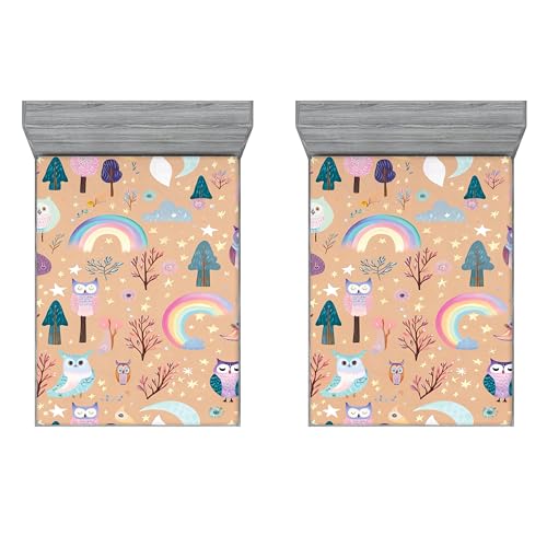 Ambesonne Fantasy 2 Pack Fitted Sheet, Dream Rainbow Starry Jungle, Bed Cover All-Round Elastic Deep Pockets 2 Pieces, Package Contains 2 King Size Fitted Sheets, Dark Peach Multicolor