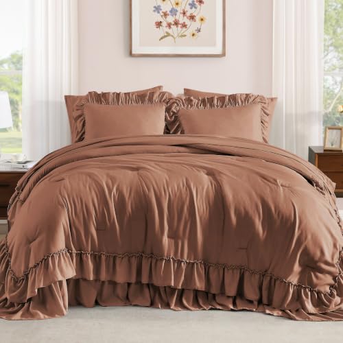 Image of Full Size Comforter Set Russet Ruffle 7 Pieces Farmhouse Bed in a Bag