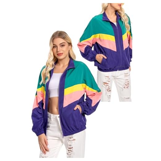 MASSWO 80s Color Block Jacket for Women, Neon Windbreaker Tracksuit Retro Workout Outfit for Themed Party