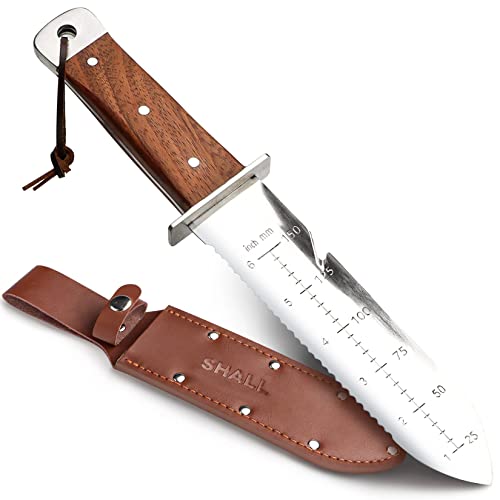 SHALL Hori Hori, Japanese Garden Knife, Soil Knife with Leather Sheath, Rosewood Handle & Hide Rope, 7” Stainless Steel Blade, Rope Cutting Edge, for Digging, Weeding, Planting, Full-Tang by SHALL - Used condition - US$14.65